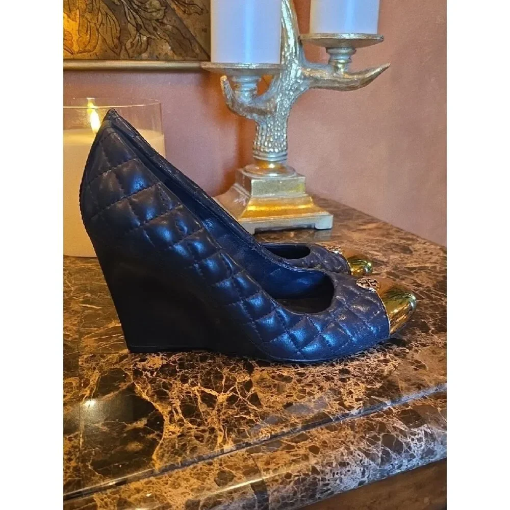 Tory Burch Quilted Navy Wedge Pumps with Gold Toe Cap Size 9.5